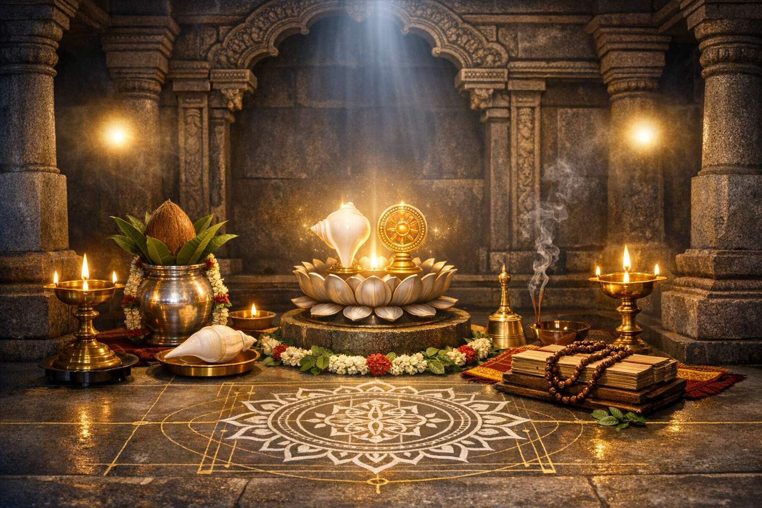 Stone Hindu temple sanctum with pillars, brass lamps, and a lotus puja pedestal holding a conch and golden chakra, ringed by garlands, kalash, incense smoke, palm-leaf texts, and a rangoli mandala.