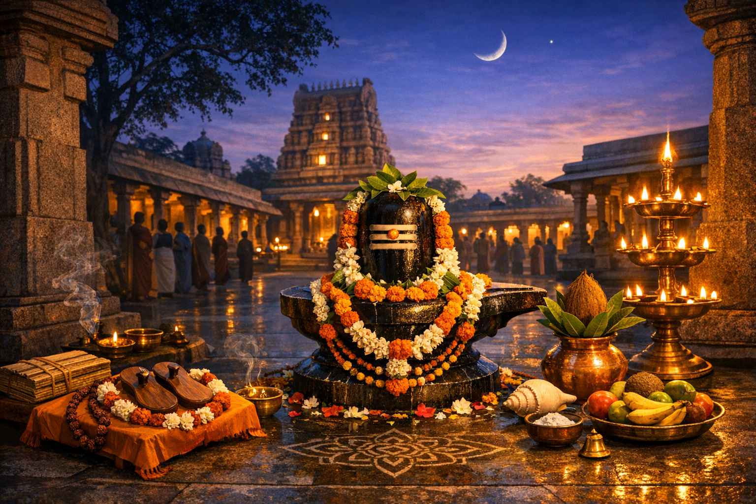 Twilight at an Indian Hindu temple: a garlanded Shiva lingam on a wet stone altar, ringed by brass oil lamps, incense, fruit, coconut and conch, as devotees line the glowing pillared corridor.