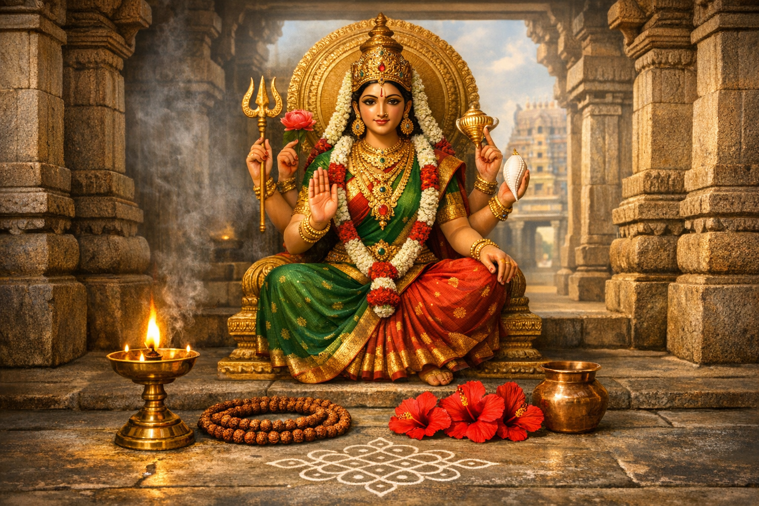 Multi-armed Hindu goddess on a golden throne in a stone temple, wearing a red‑green sari and garlands, holding trident, lotus, conch, and pot; a brass lamp, rudraksha, hibiscus, and a kolam in front.