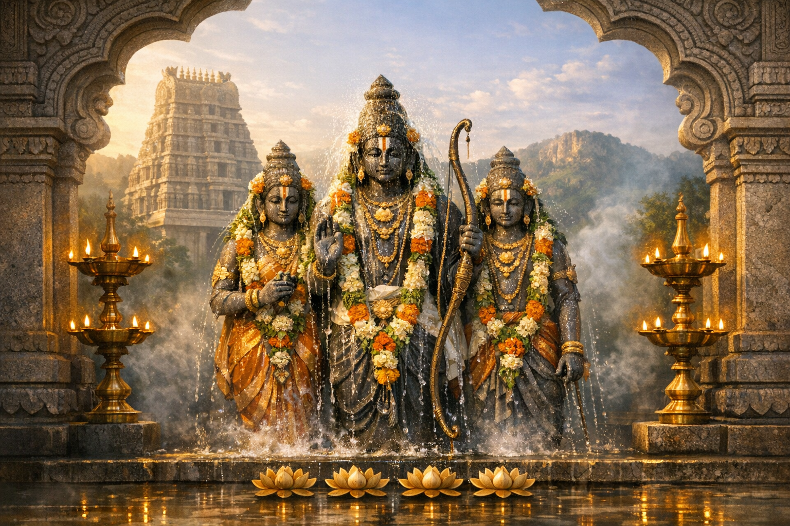 Stone idols of Rama, Sita, and Lakshmana draped in jasmine and marigold garlands during abhishekam, framed by carved pillars, glowing brass oil lamps, lotus blooms, and a distant gopuram.