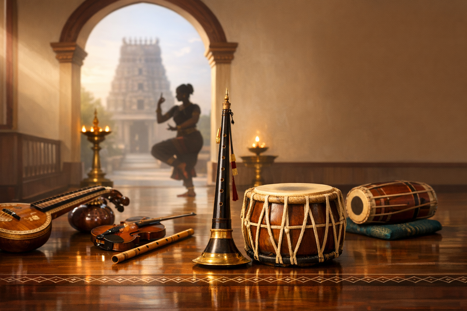 South Indian classical arts scene with veena, violin, bamboo flute, nadaswaram, thavil and mridangam on a polished floor, while a Bharatanatyam dancer moves before a temple gopuram in lamplight.