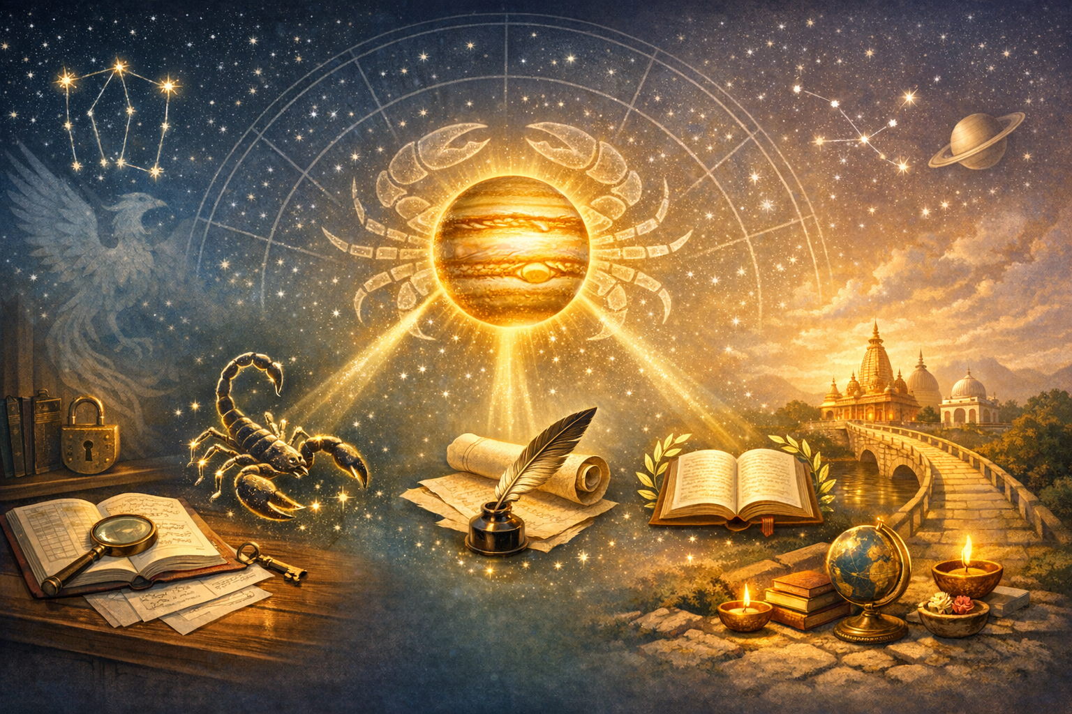 Celestial illustration of Jupiter radiating within a Cancer glyph, lighting a scorpion, books, scrolls, and a temple under zodiac constellations and Saturn, symbolizing astrology and Vedic astrology.