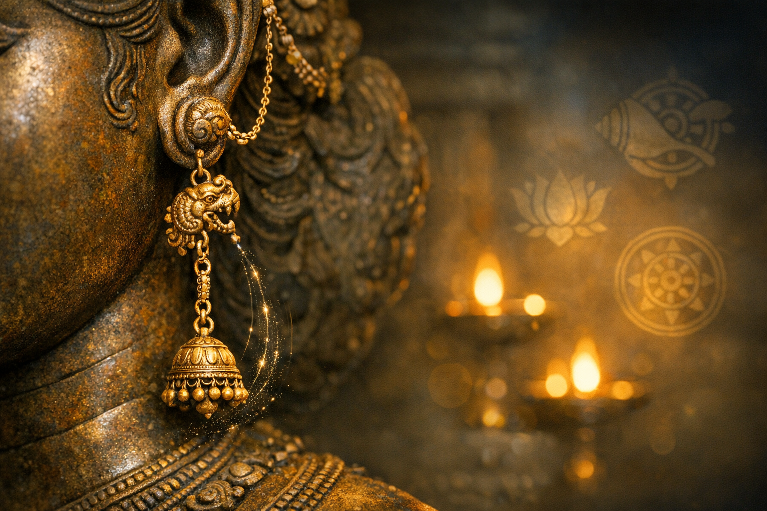 Close-up of a bronze temple sculpture wearing an ornate gold jhumka with an elephant motif, set beside glowing diyas and faint lotus, shankha, and chakra symbols, highlighting Indian temple jewelry.