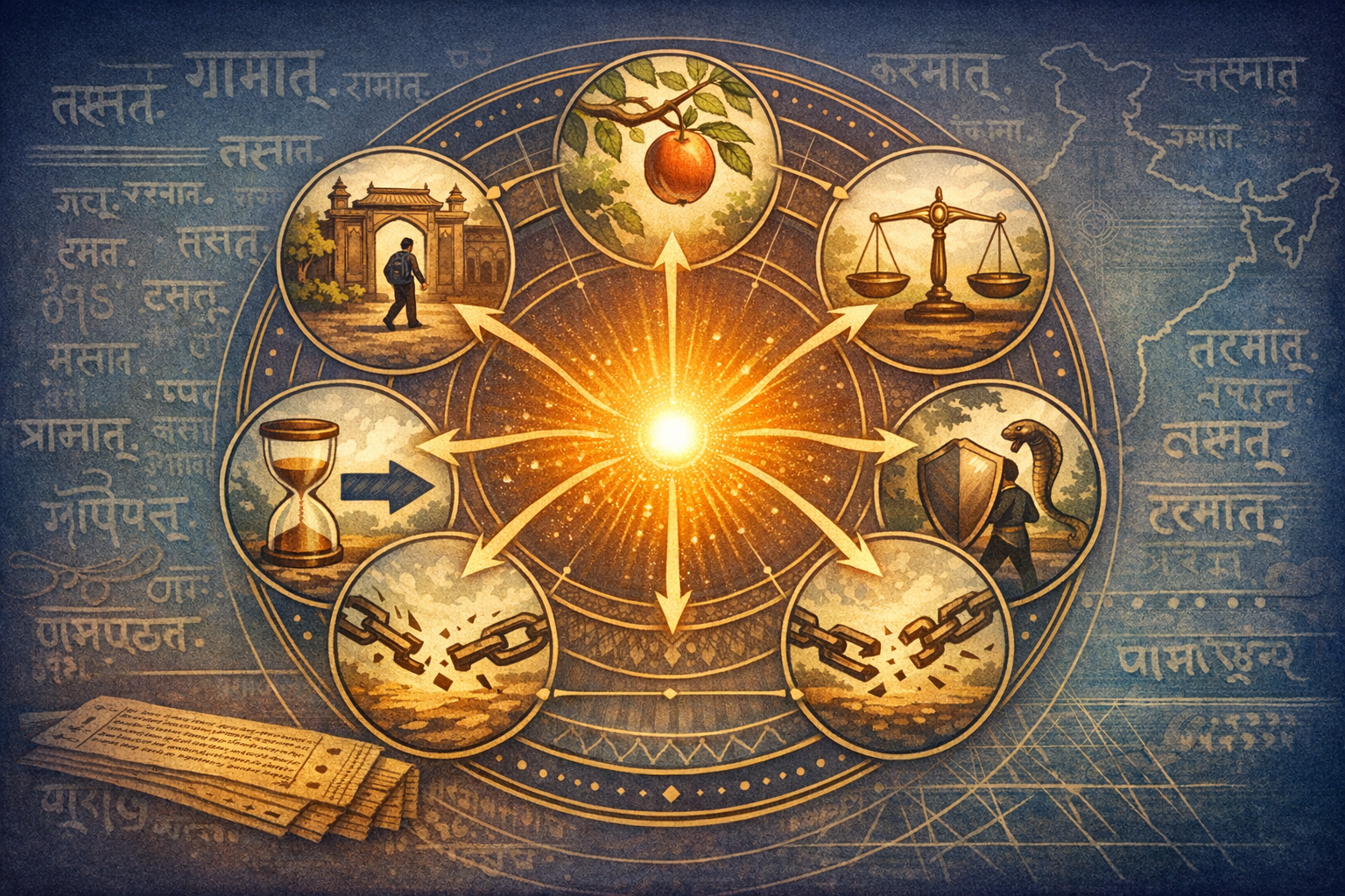 A radiant mandala shows arrows from a glowing center to scenes of justice scales, shield and serpent, broken chains, hourglass, student at a gate, and fruit, framed by Devanagari text and India map.
