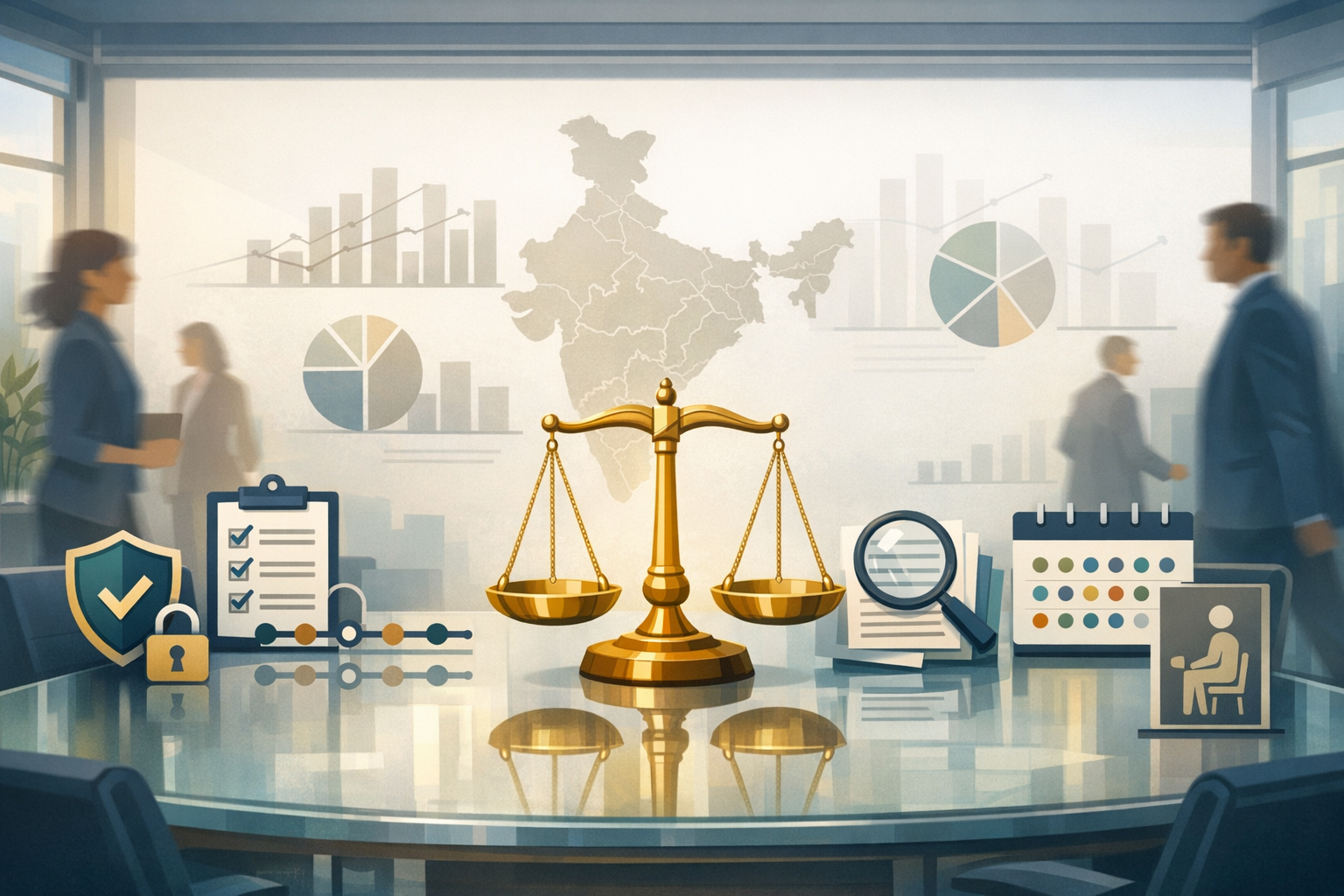 Illustrated corporate boardroom with golden scales of justice, India map, charts, checklist, shield and lock, magnifying glass, and calendar, symbolizing compliance, regulation, and data privacy.