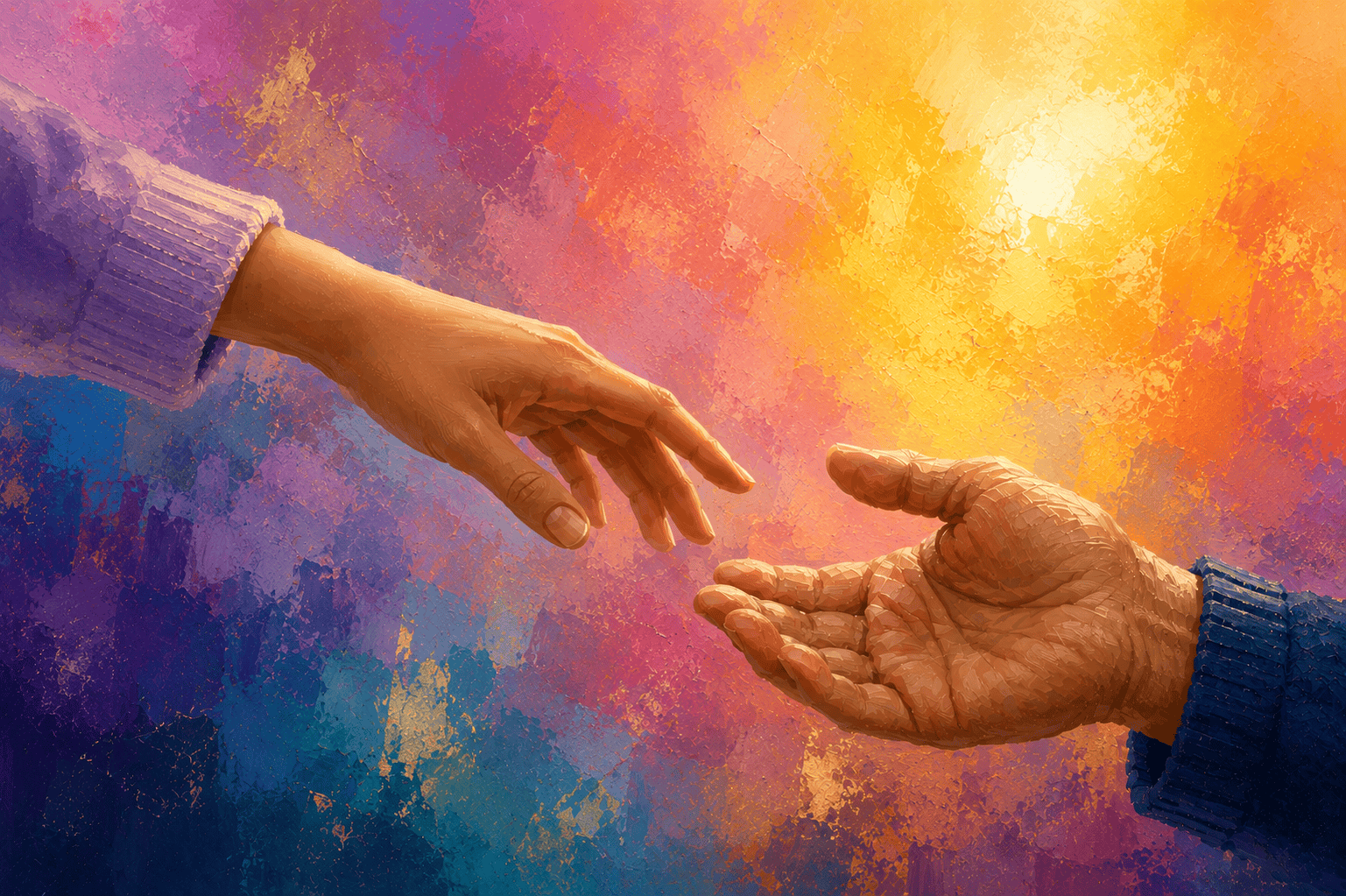 Painterly image of a young hand reaching toward an older, weathered hand, lavender and blue cuffs, set before a sunset glow, evoking acceptance, death, letting go, loss, and love.