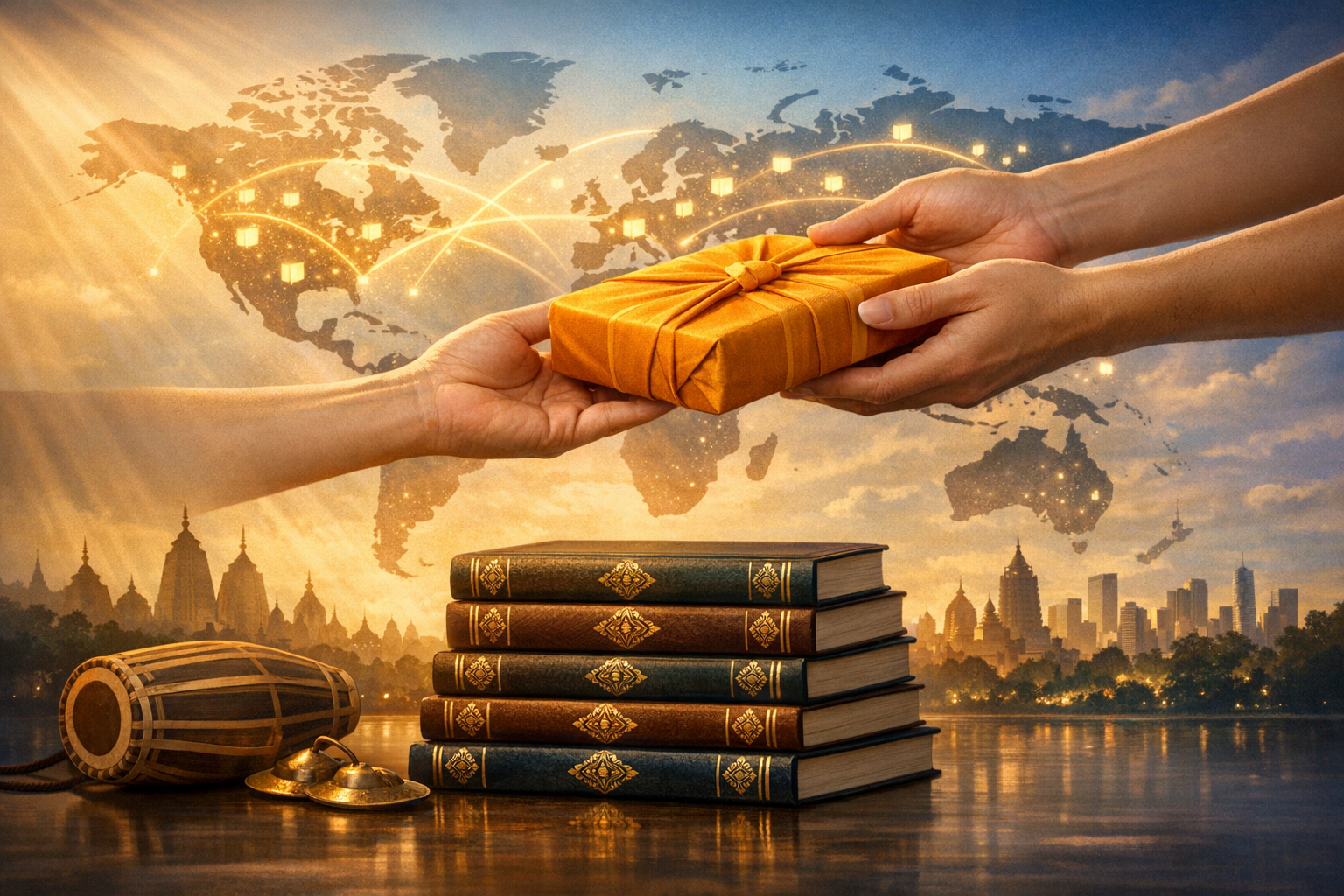 Two hands exchange a saffron-wrapped gift above ornate books, against a glowing world map with light trails and a city–temple skyline, symbolizing global charity, education, and knowledge sharing.