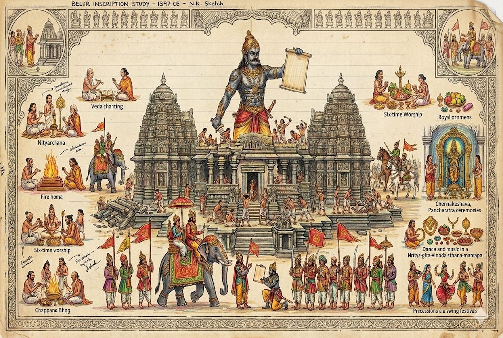 Sketch of the Belur Chennakeshava Temple from a 1397 CE inscription, showing Veda chanting, fire homa, six-time worship, chappana bhog, processions, and Pancharatra rites around the Hoysala shrine.