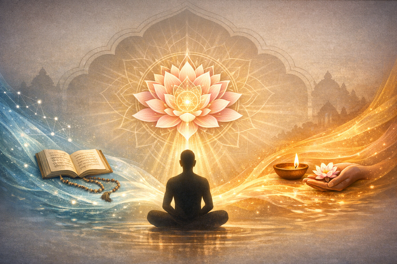 Illustrated scene of a person meditating before a radiant lotus and mandala, with an open scripture, mala beads, and an oil lamp, symbolizing meditation, mindfulness, yoga, and spirituality.