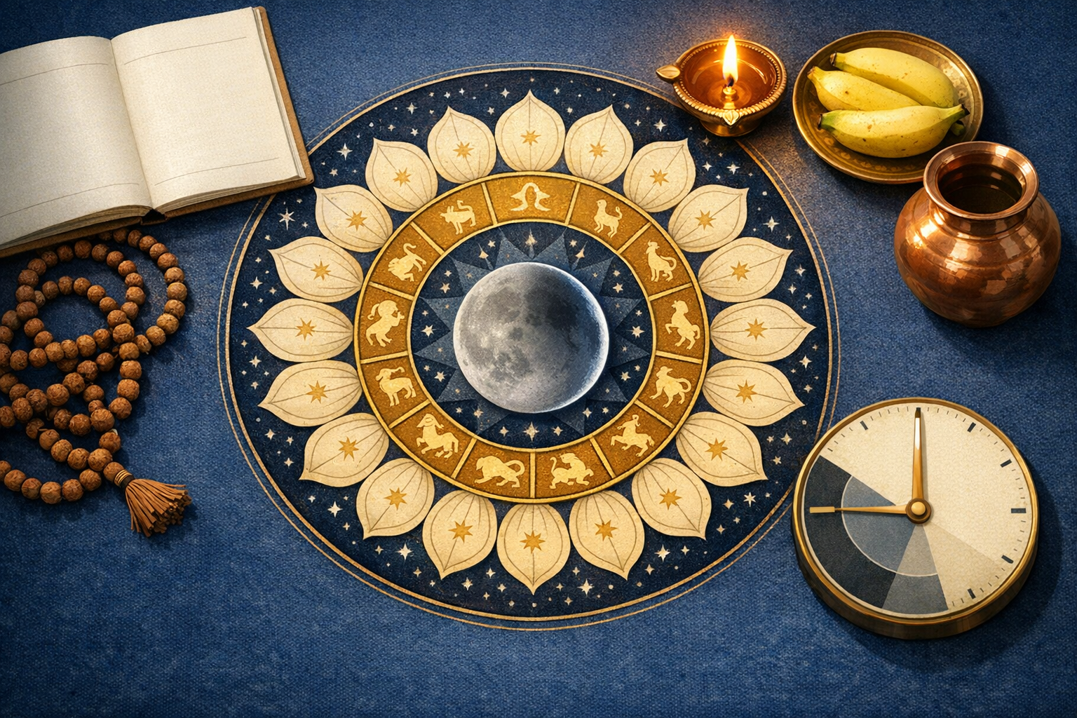 Zodiac mandala with central moon, lotus ring, and twelve signs on blue cloth, with mala beads, a lit diya, and a copper kalash - Vedic astrology {post.categories}