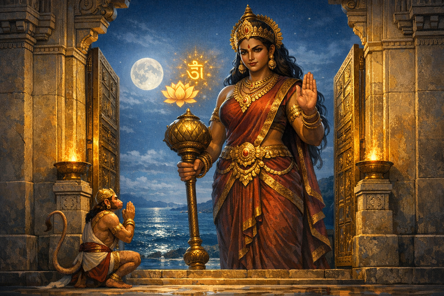 Moonlit temple gateway showing a Hindu goddess in a red sari with gold jewelry, raised hand in blessing and a mace, beside a glowing lotus and Om, while Hanuman kneels in prayer by the sea.