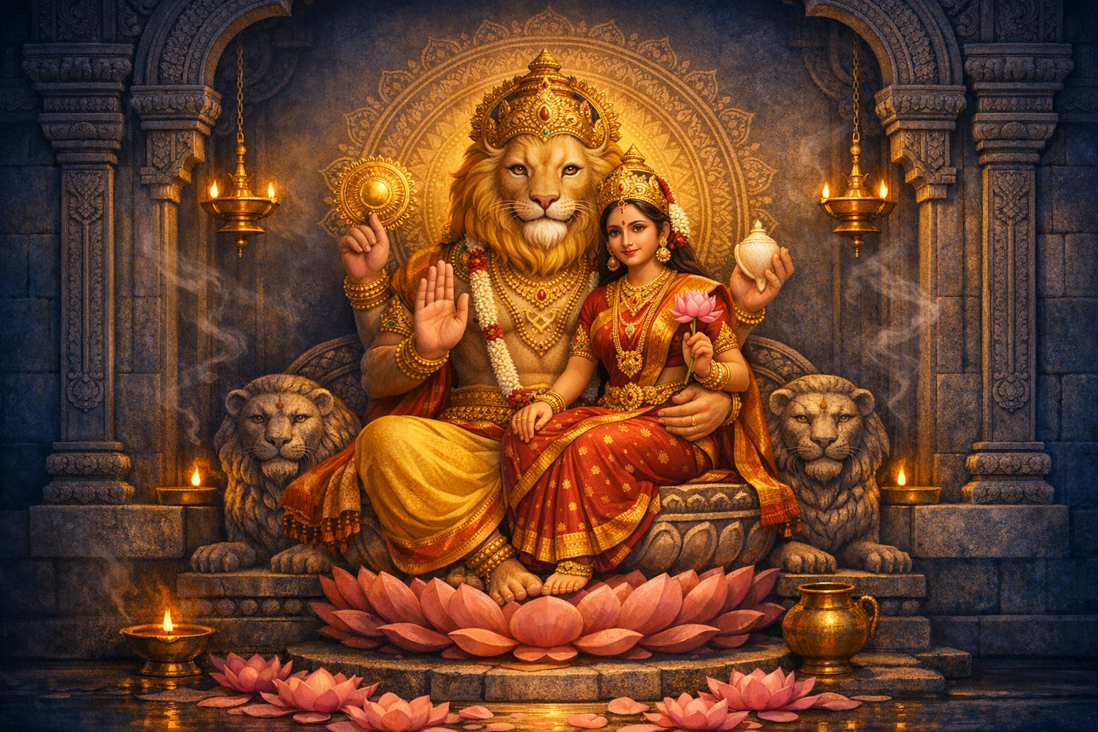 Temple artwork of Lakshmi Narasimha: lion-faced Vishnu avatar seated with Goddess Lakshmi on a lotus throne, blessing hand raised, holding chakra and pot, amid diyas, incense, and carved stone lions.