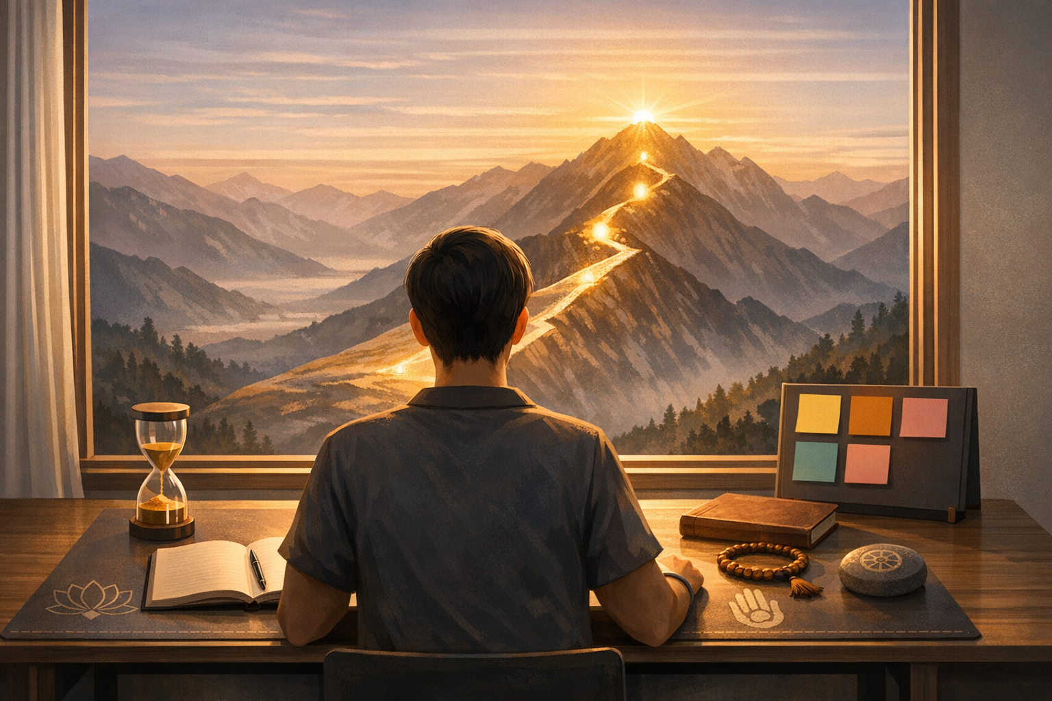 Person at a wooden desk watches sunrise over layered mountains through a window, a glowing path leading to the summit. Open journal, hourglass, beads, and notes suggest mindfulness and goal setting.