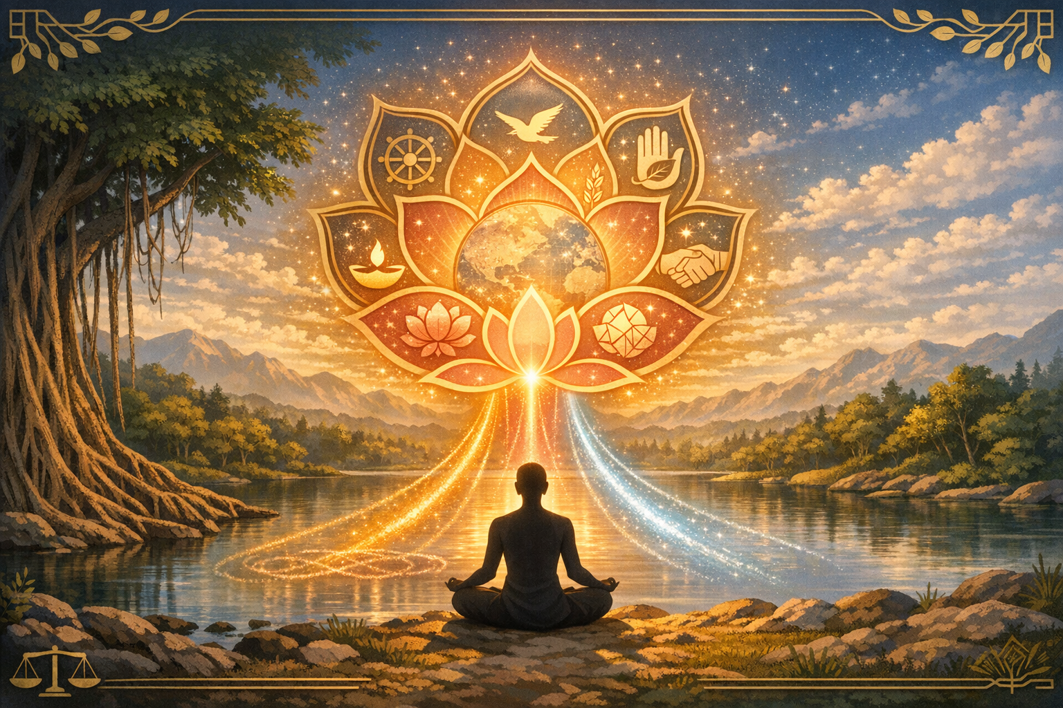 Digital artwork of a meditating figure by a lake at sunset, as a glowing lotus mandala with symbols of peace, compassion, ethics, and interfaith unity shines beneath a starry sky, evoking mindfulness.