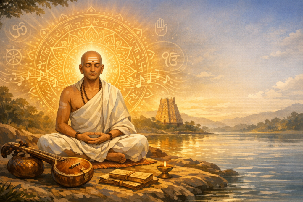 Monk meditating by a river at sunrise; veena and palm-leaf texts beside him, a diya lamp aglow, and a golden mandala with sacred symbols behind, with a riverside temple amid distant mountains.