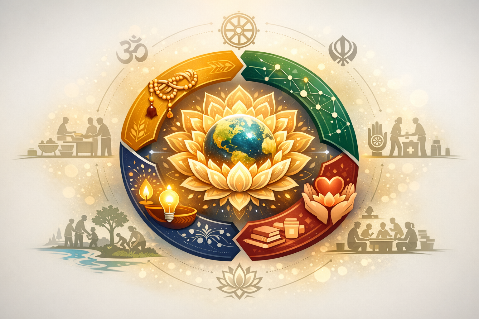 Circular infographic of a lotus-cradled Earth linking interfaith symbols, science, and nonprofit icons, with food relief, tree planting, study, and clinic care for sustainable community impact.
