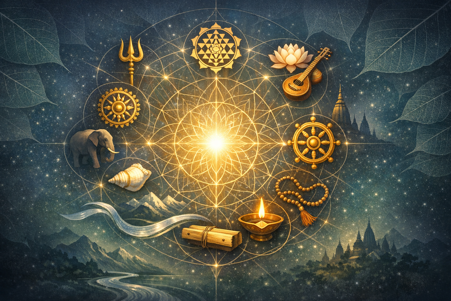 Glowing sacred-geometry mandala in a starry sky, echoing {post.categories}; icons ring it—trident, lotus, dharma wheel, conch, mala, and oil lamp—above mountains and temples.
