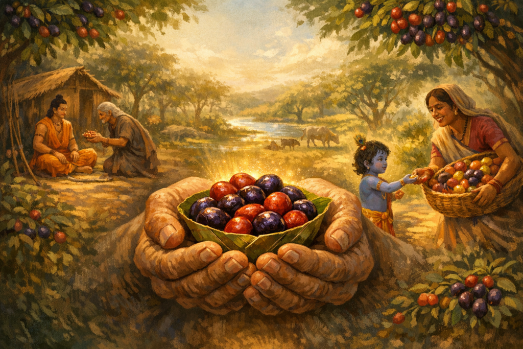 Painting of cupped hands presenting a leaf bowl of glowing red and purple berries; at left an elder offers fruit to a robed sage, at right a woman gives berries to a blue child, evoking bhakti.