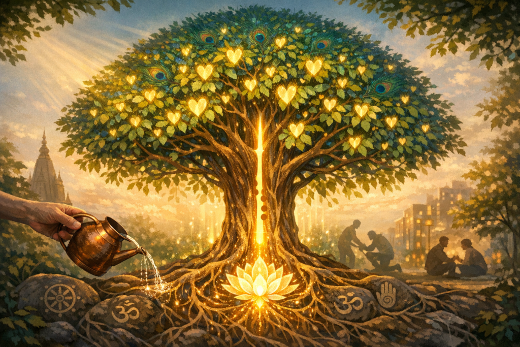 Illustrated tree with spiritual symbols, glowing with heart-shaped lights and peacock feathers, watered by a copper can; roots cradle a golden lotus and Om carvings in a city park at dusk.