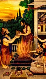 Illustration of an ancient Vedic-style fire ritual at sunset: a robed king offers a golden vessel to a priest beside a blazing altar, with attendants seated in a temple courtyard and trees beyond.