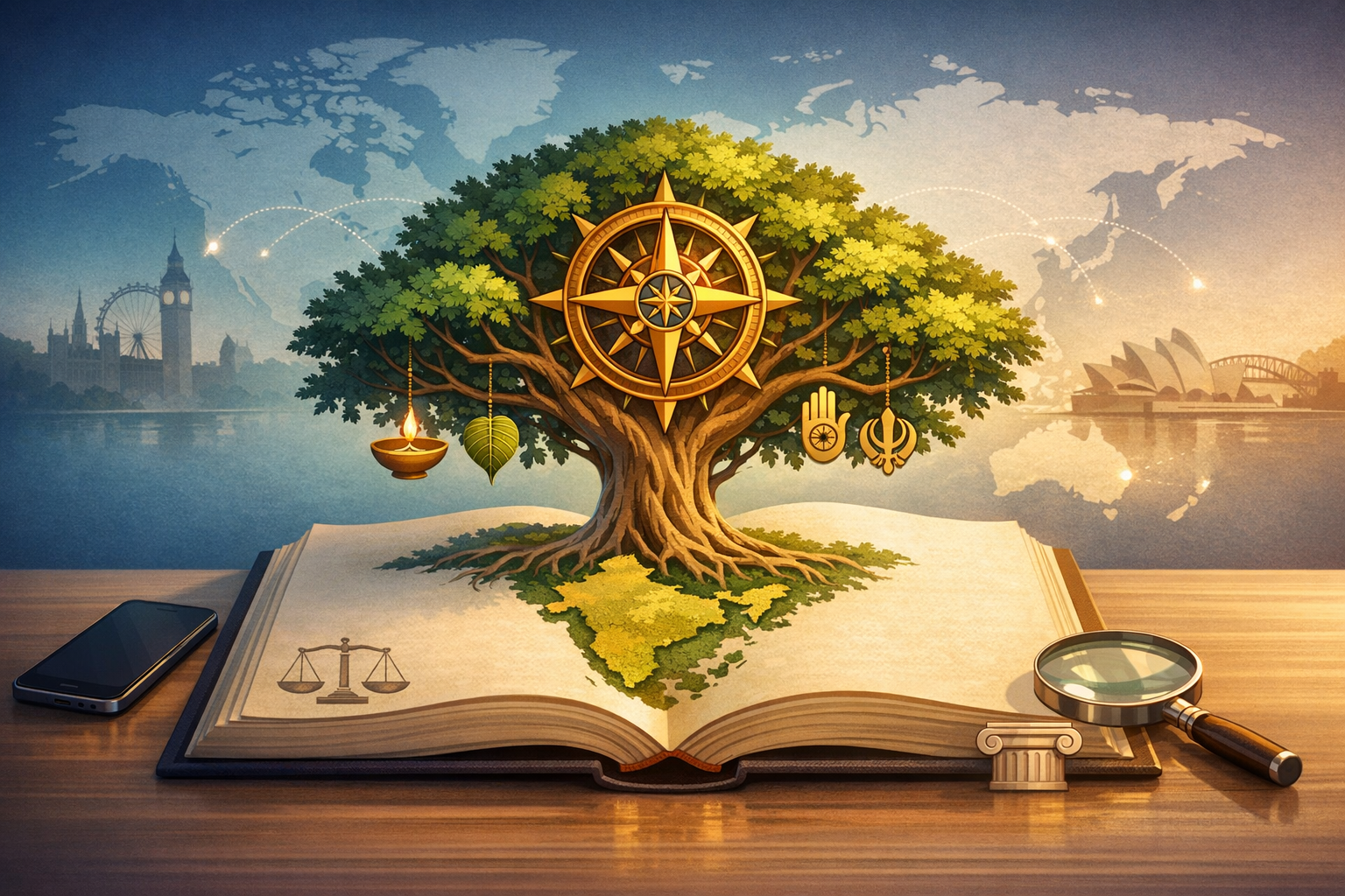 An open book sprouts a lush tree with a golden compass and interfaith symbols. A world map sits beside a phone, justice scales, and a magnifier, depicting themes of history, law, and education.