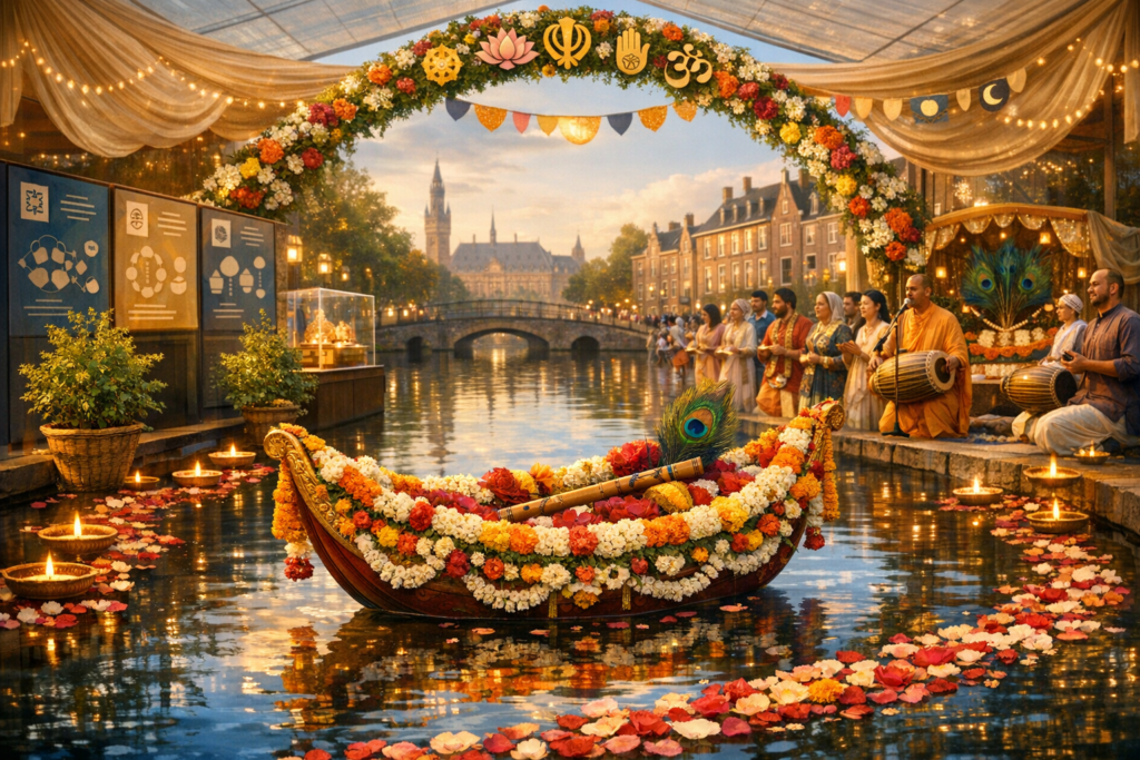 Flower-decked boat with peacock plume and flute floats on a canal at dusk, ringed by diyas and petals under a flower arch with Om, Khanda and Ahimsa symbols, as musicians lead an interfaith event.