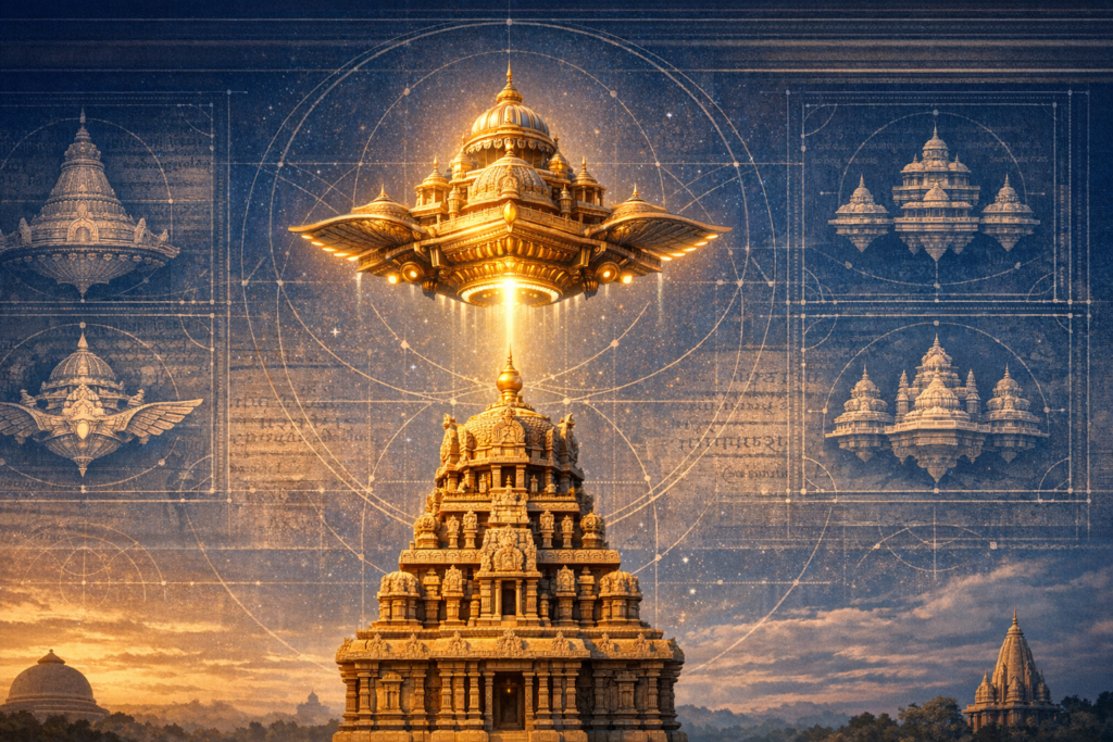 Digital illustration of a golden Vimana above a South Indian temple, a beam linking craft and shrine amid blueprint-like sacred geometry, evoking Vedic mythology and ancient technology.
