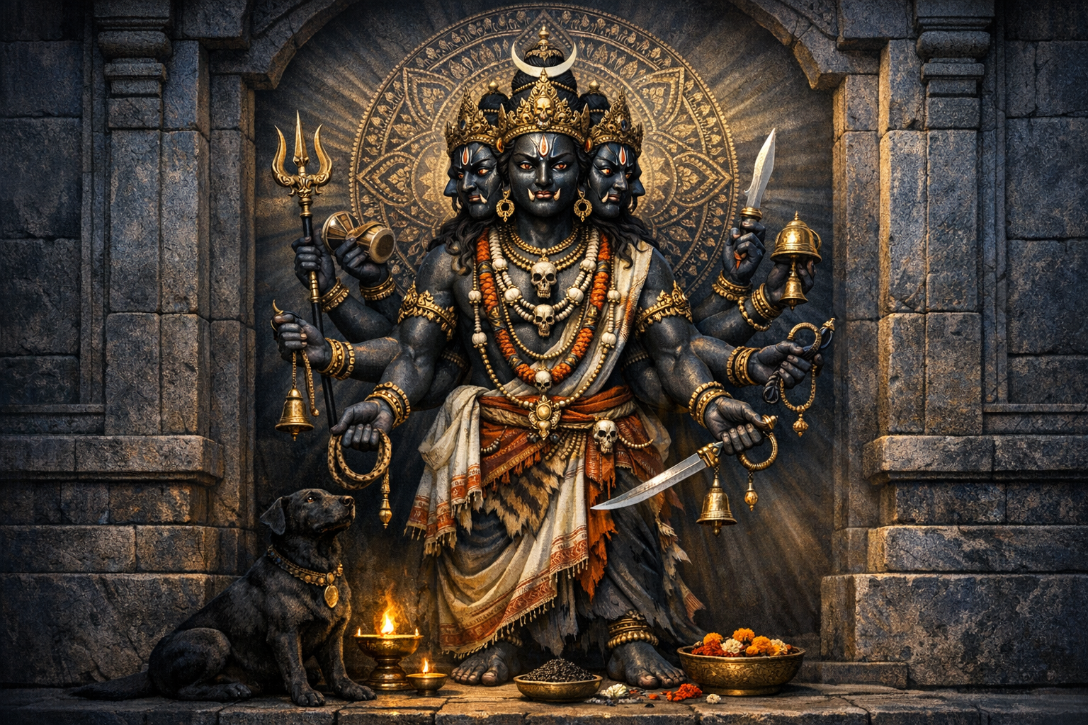 Stone shrine depicting a fierce multi-armed, multi-faced Hindu deity (often Bhairava) with trident, damaru, sword and bells; skull garlands; a black dog; oil lamps and marigold offerings. {post.categories}