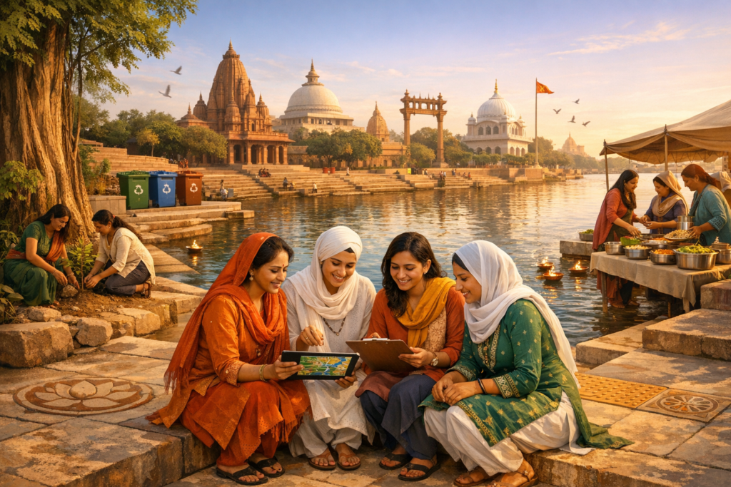 At a riverside ghat at sunset, four women in colorful traditional attire review a tablet and clipboard, while others plant trees and serve food near temples, diyas (oil lamps), and recycling bins.