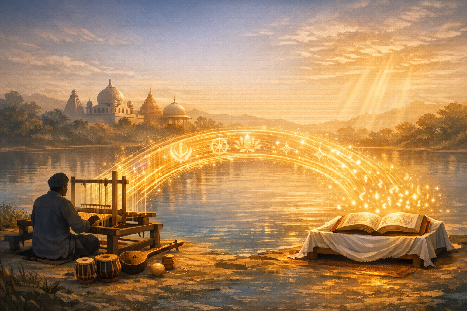 Illustration of a sunrise riverbank: a seated artisan weaves beside tabla and lute as a golden arc of symbols bridges to an open sacred book; domed temples glow across the water, evoking spirituality.