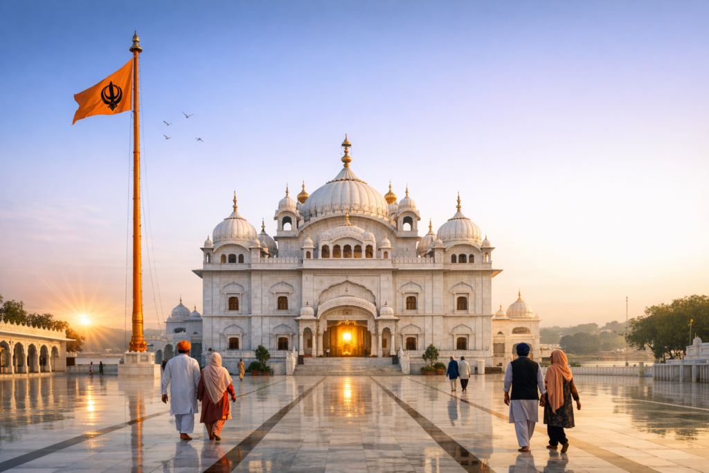 At sunrise, a white marble gurdwara with domed roofs faces a reflective courtyard. A tall orange Nishan Sahib flag stands left as visitors walk toward a glowing doorway; calm travel architecture.