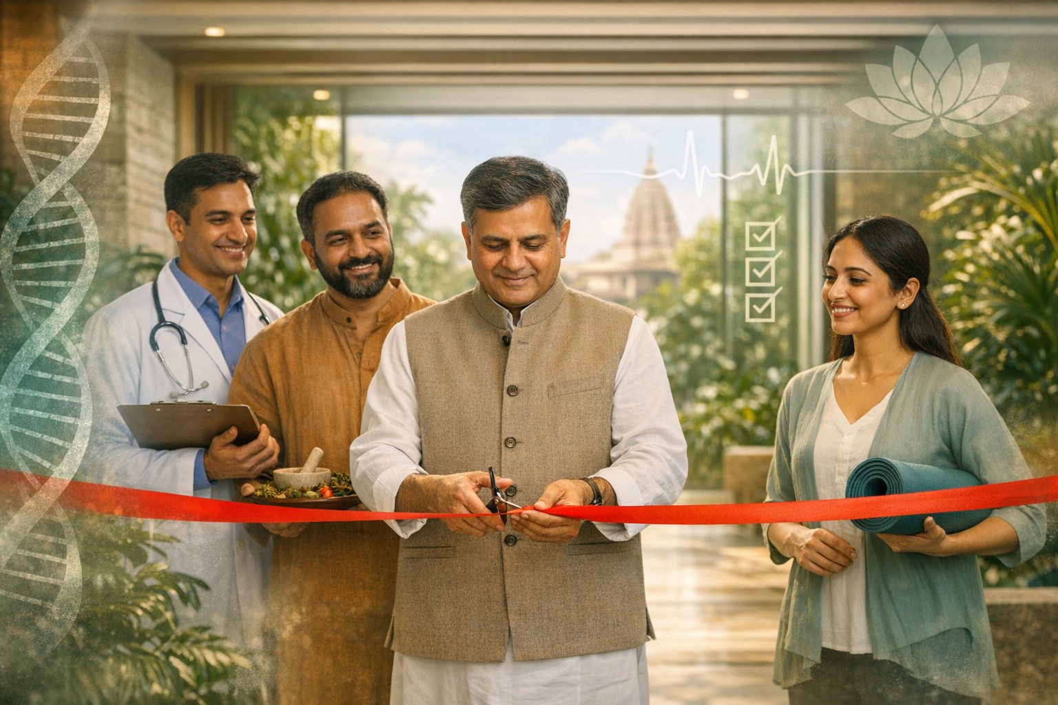 Ribbon-cutting at a holistic wellness center: an official snips a red ribbon beside a smiling doctor with stethoscope, an Ayurveda practitioner holding herbs, and a woman with a yoga mat.