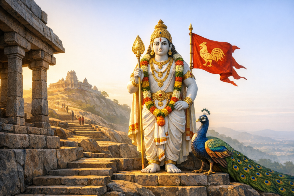 Garlanded marble statue of the Hindu deity Murugan holding a spear, with a vivid peacock and red rooster flag, beside stone steps to a hilltop temple at sunrise as pilgrims ascend in South India.
