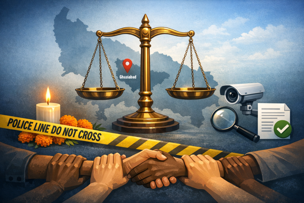 Justice scales over a map of Uttar Pradesh marked Ghaziabad; police tape, a memorial candle with marigolds, CCTV, magnifying glass and document, plus joined hands symbolizing community investigation.