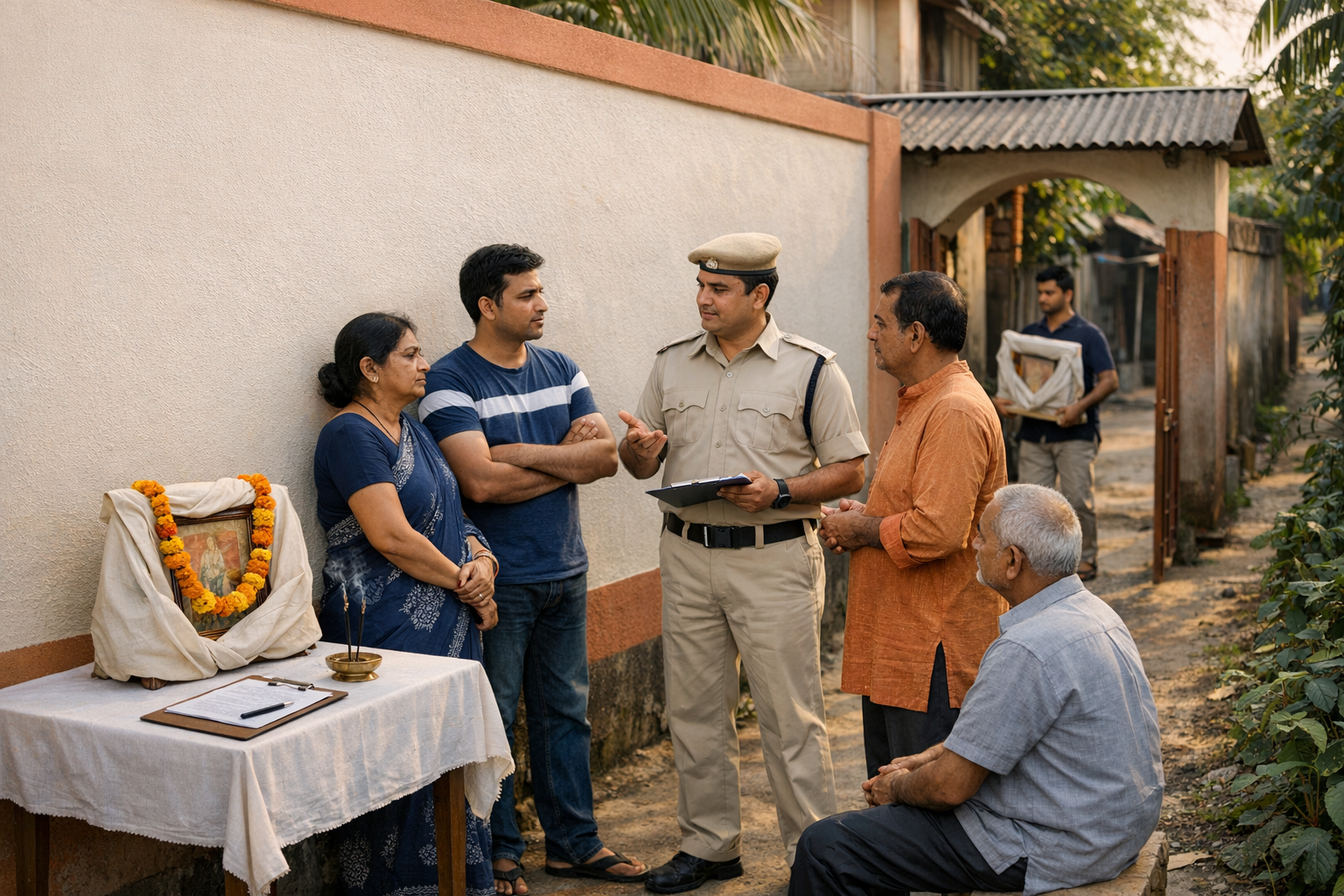 A police officer speaks with a grieving family beside a home memorial table with a marigold-garlanded portrait, burning incense, and a sign-in register, as a neighbor carries items through the open gate.