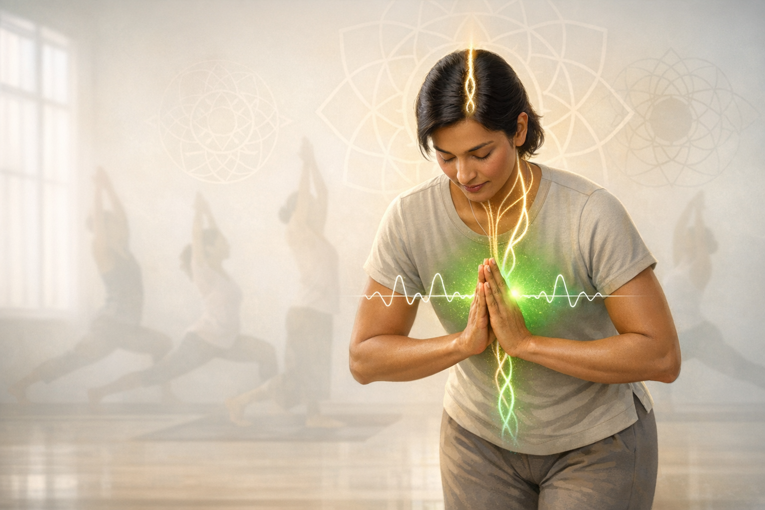 Person in a yoga studio bows with hands at heart in namaste, eyes closed, while a glowing vertical line and green pulse waveform illustrate mind-body coherence; classmates stretch in soft focus.