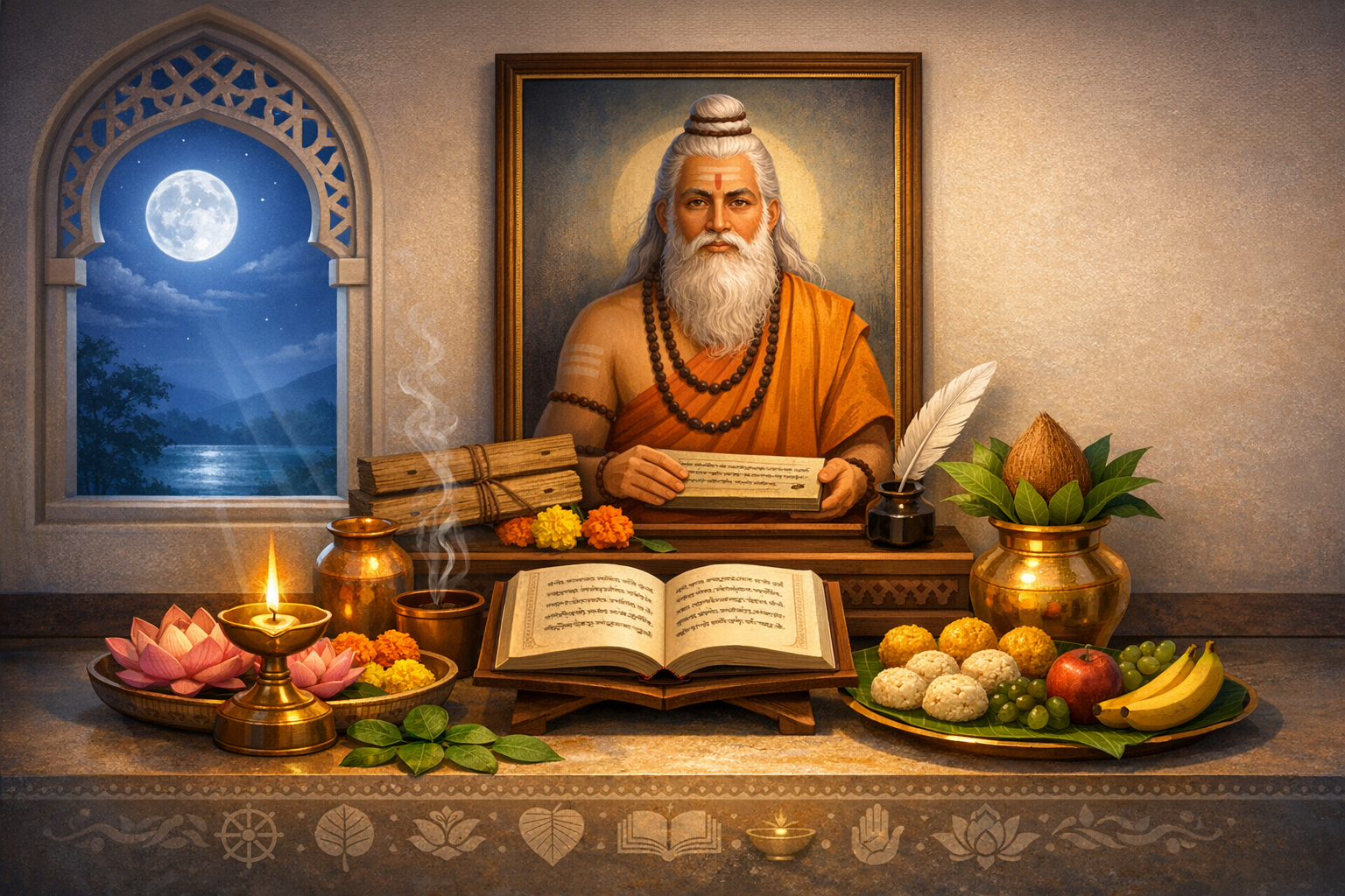 Moonlit shrine with a framed sage, open Sanskrit scripture on a stand, glowing oil lamp, incense, lotus, copper vessels, and fruits and sweets, evoking Vedic ritual and Guru Purnima devotion.