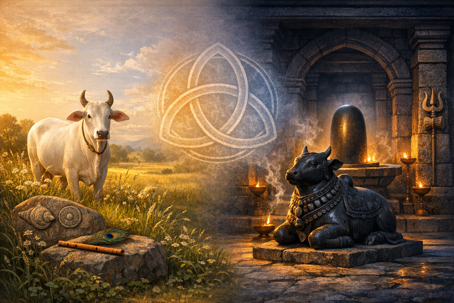 Split scene showing a white cow in a sunlit meadow with flute and peacock feather on a stone, alongside a temple interior with Nandi statue, Shiva lingam, trident, and oil lamps; a knot symbol unites both.