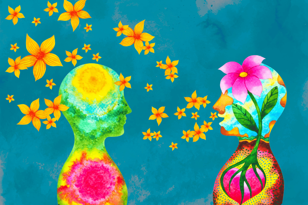 Two watercolor silhouettes face each other on teal as orange flowers float between them; one head shows a sun, the other a pink bloom with roots - symbolizing communication and healing aggression.