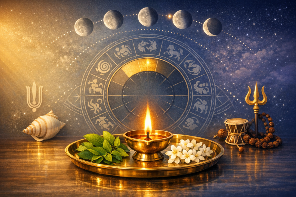 Brass diya on a ritual tray with tulsi and jasmine before a zodiac wheel and moon phases in a starry sky, with shankh, trishul, rudraksha and damaru, evoking Vedic astrology and puja.