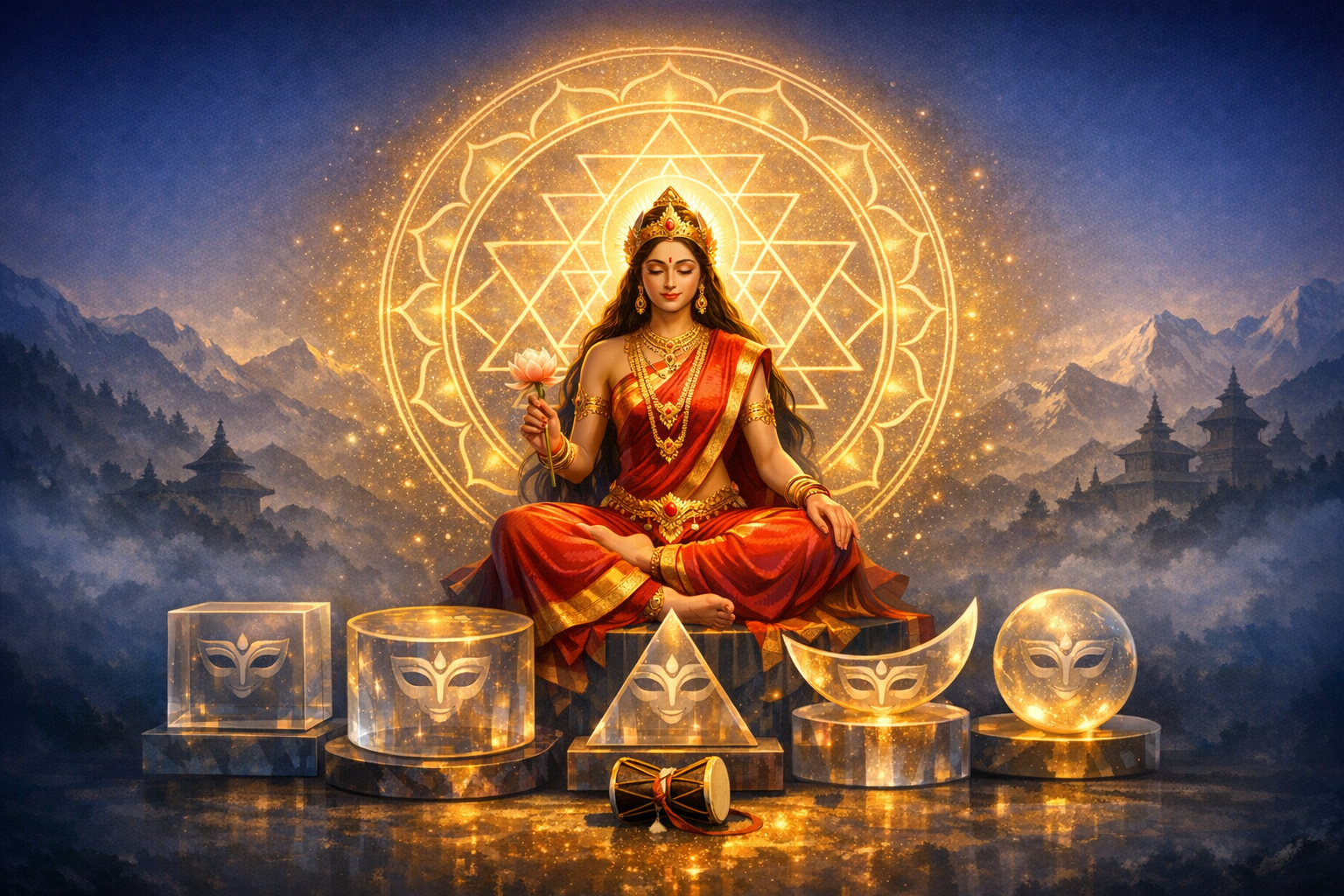 Golden Sri Yantra mandala glows behind a serene goddess in a red sari, seated in lotus pose with a pink lotus, amid misty Himalayan temples; sacred geometry, tantra, yoga, spirituality, mindfulness.