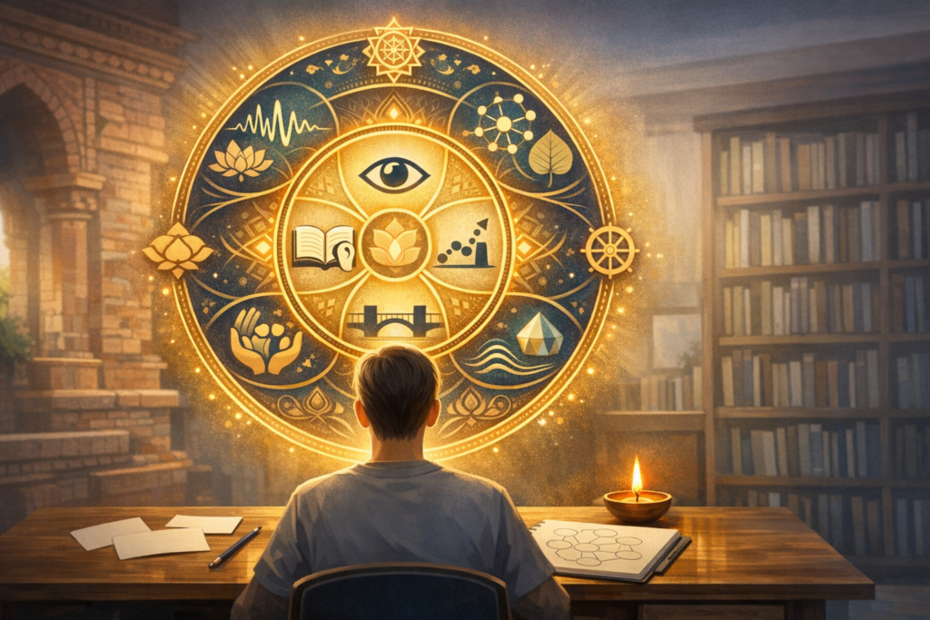 At a wooden desk in a library, a person faces a glowing wheel of icons - eye, book, leaf, bridge, hands - signaling systems thinking and knowledge synthesis in {post.categories}.