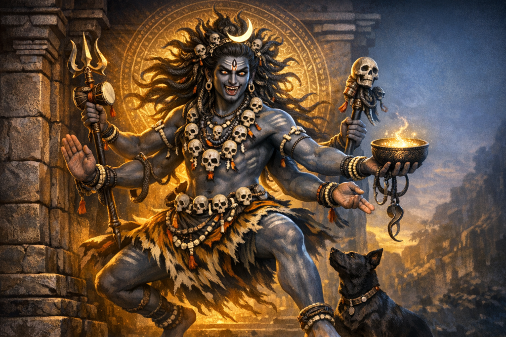 Illustration of Shiva in a fierce aspect, blue-gray and four-armed, with crescent moon and third eye, trident and damaru, skull garlands, tiger-skin, kapala of fire, and a black dog in a temple.