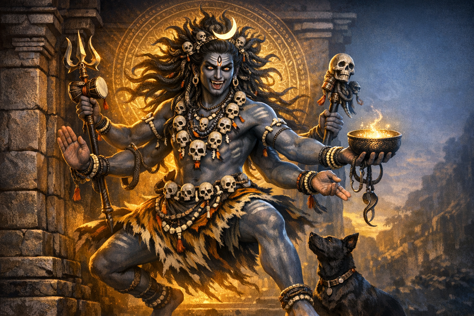 Illustration of Shiva in a fierce aspect, blue-gray and four-armed, with crescent moon and third eye, trident and damaru, skull garlands, tiger-skin, kapala of fire, and a black dog in a temple.