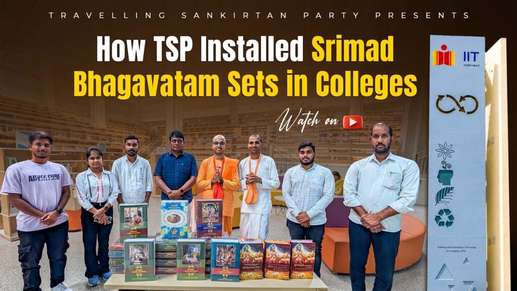 People stand in a modern library behind a table stacked with Srimad Bhagavatam and Bhagavad Gita sets; bold text says how TSP installed them in colleges; an IIT Hyderabad sign is visible. testing