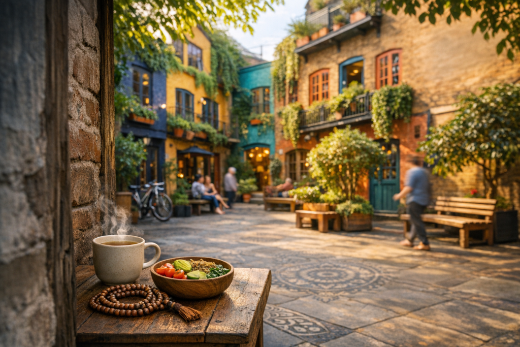 Sunlit courtyard cafe with colorful, plant-covered buildings. In the foreground, a steaming mug and wooden bowl of salad sit on a rustic table; benches, a bicycle, and blurred people behind.