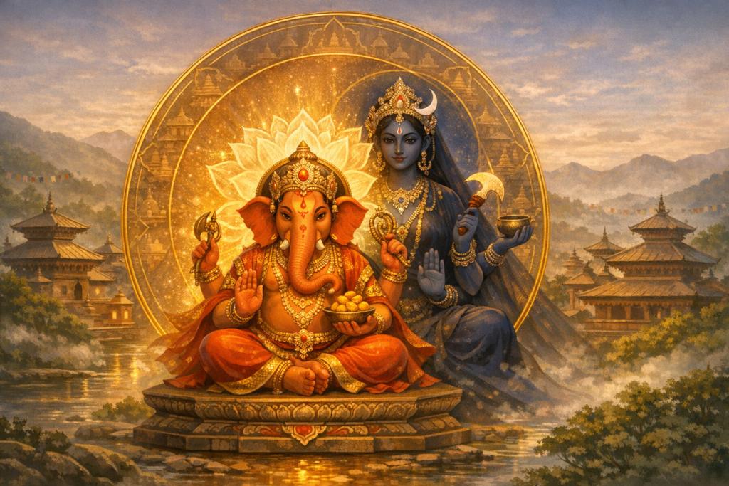 Painting of Lord Ganesha on a lotus, blessing with one hand and holding laddus, beside a blue goddess with crescent and sickle, encircled by a golden mandala amid riverside temples and misty hills.