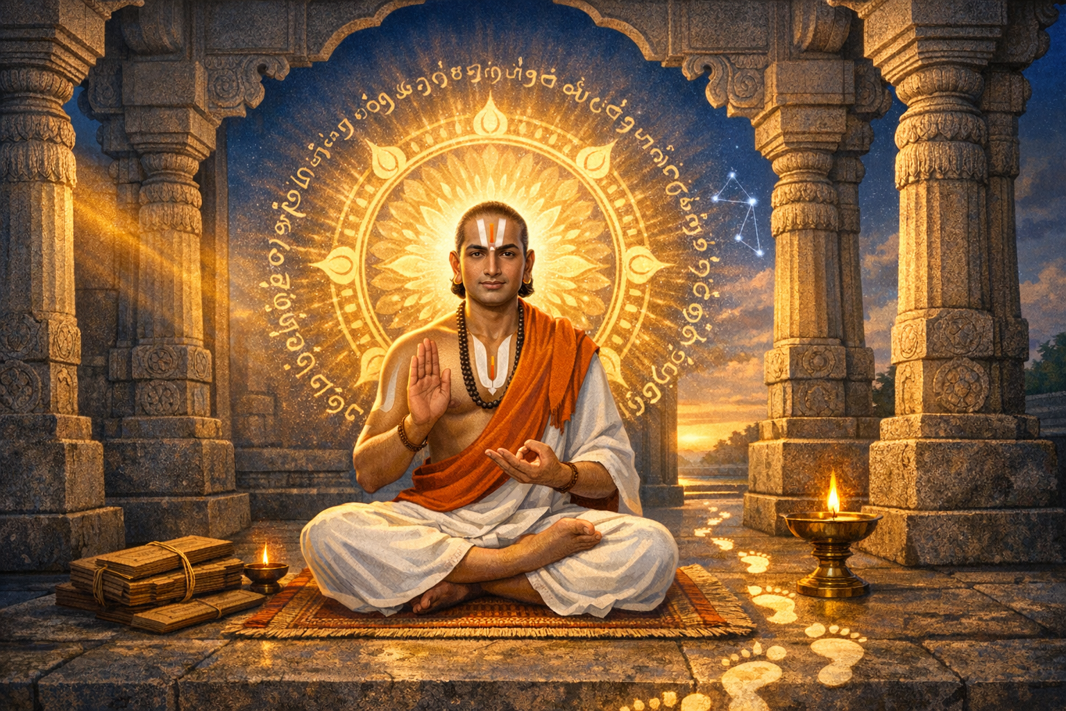Illustration of a sage meditating cross‑legged in a stone temple at sunrise, haloed by a mandala and decorative script, with lamps and palm‑leaf texts—Vedic philosophy, meditation, yoga.