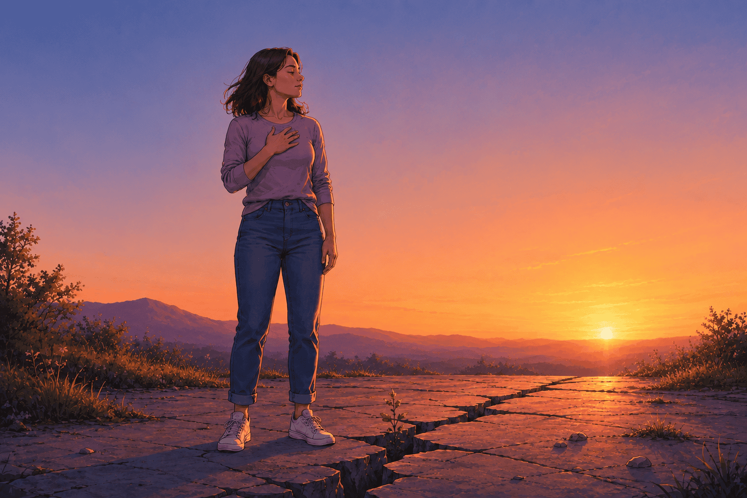 At sunset, a person stands on cracked ground, hand over heart, gazing toward distant hills. Fissures suggest an unstable path through change, while warm light hints at resilience amid uncertainty.