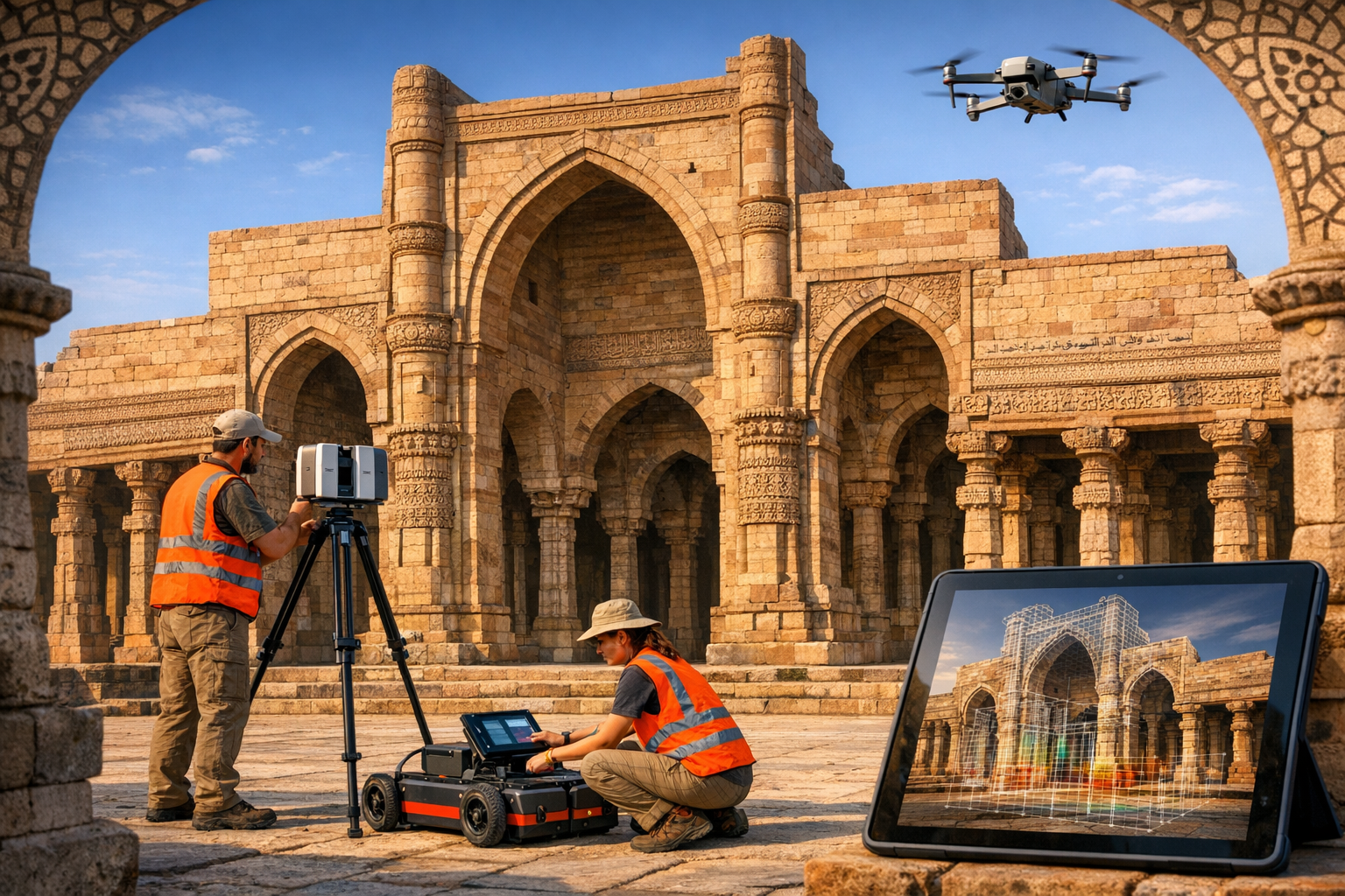 Field team scanning an ancient stone arcade: one operates a tripod LiDAR unit, another runs a GPR cart, a drone surveys overhead, and a tablet shows a wireframe 3D model for heritage analysis.